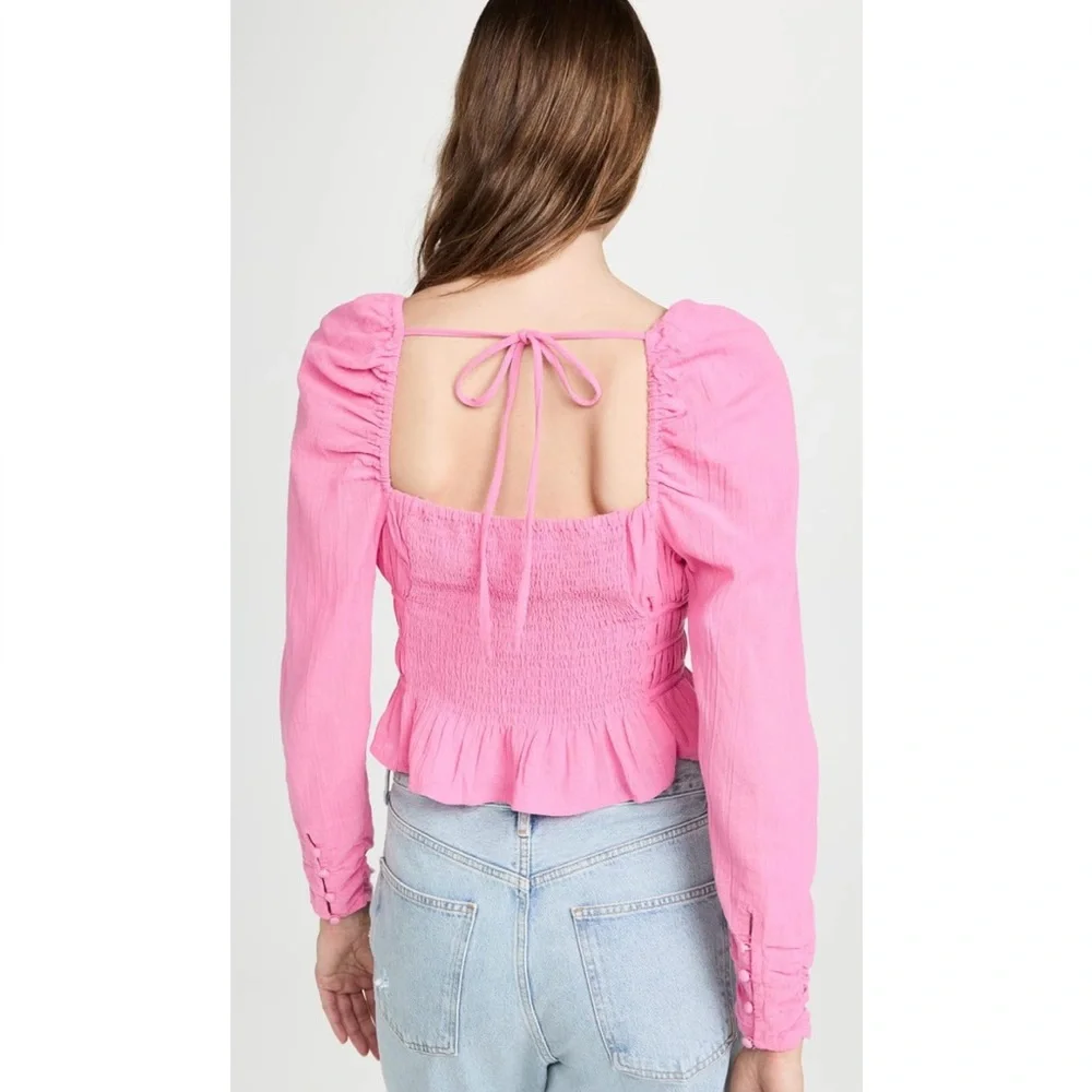 Free People Women’s Top Chloe Aurora Pink Smoked Tie Back Size M Long‎ Sleeve